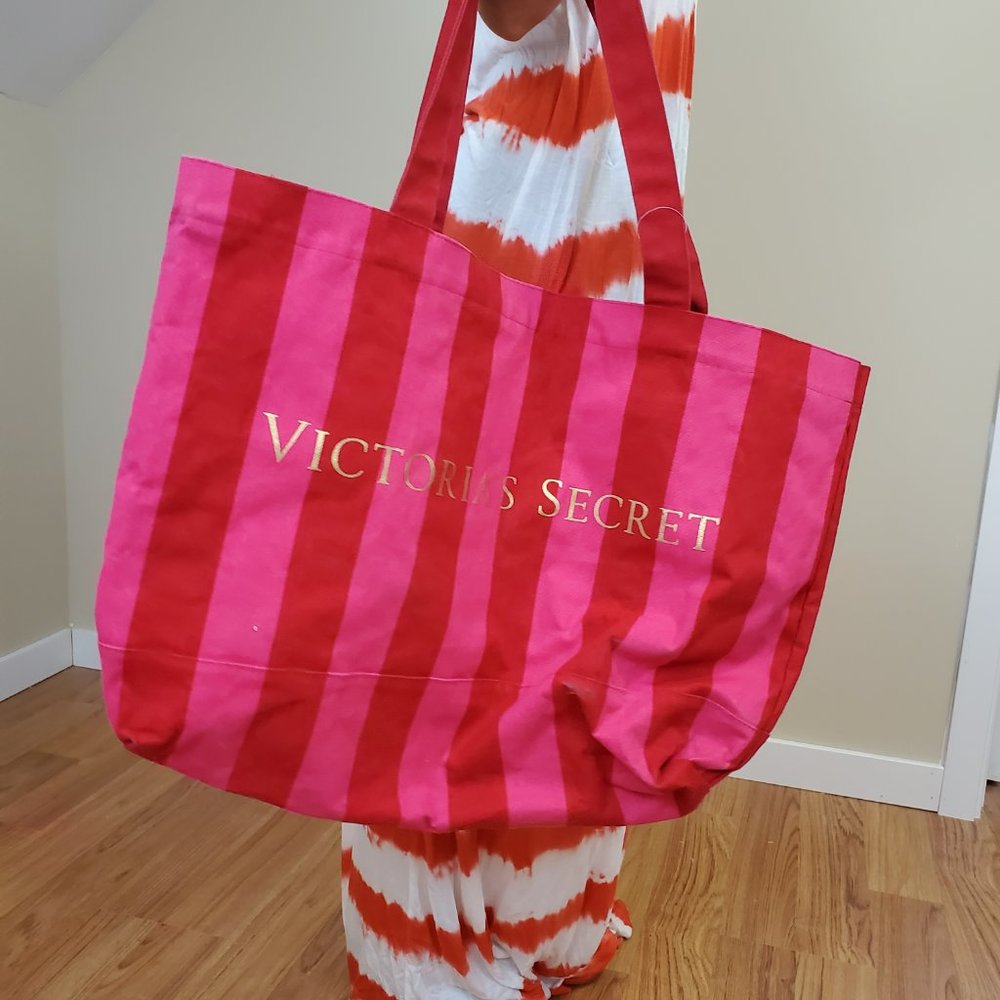 Victoria's Secret Weekender Tote Pink/ Red Striped Canvas Travel Bag XL 16"x20" - Picture 2 of 5